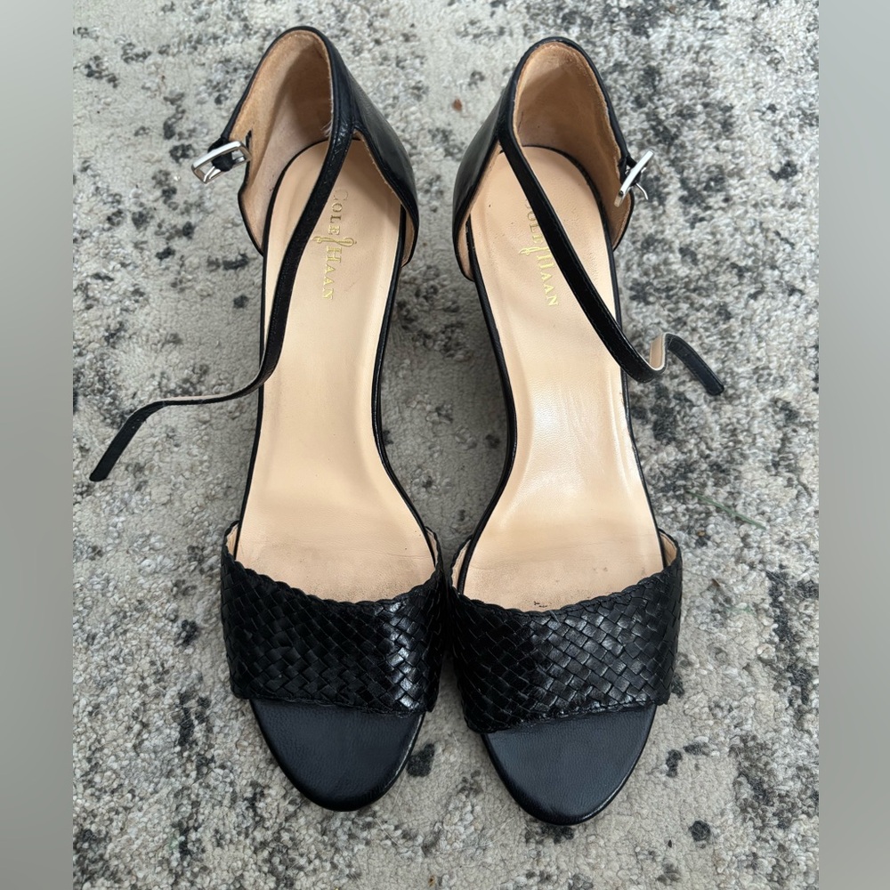 Cole Haan Elegant Black Woven Strap Heels, great condition and comfortable
